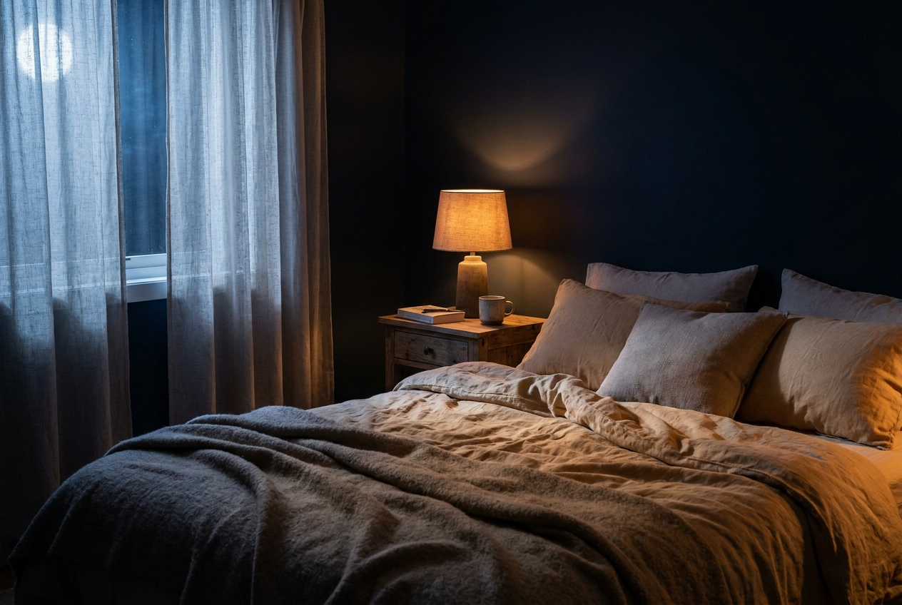 Chambre cosy la nuit, lumière de lune douce à travers les rideaux, lit défait et lampe ambrée
