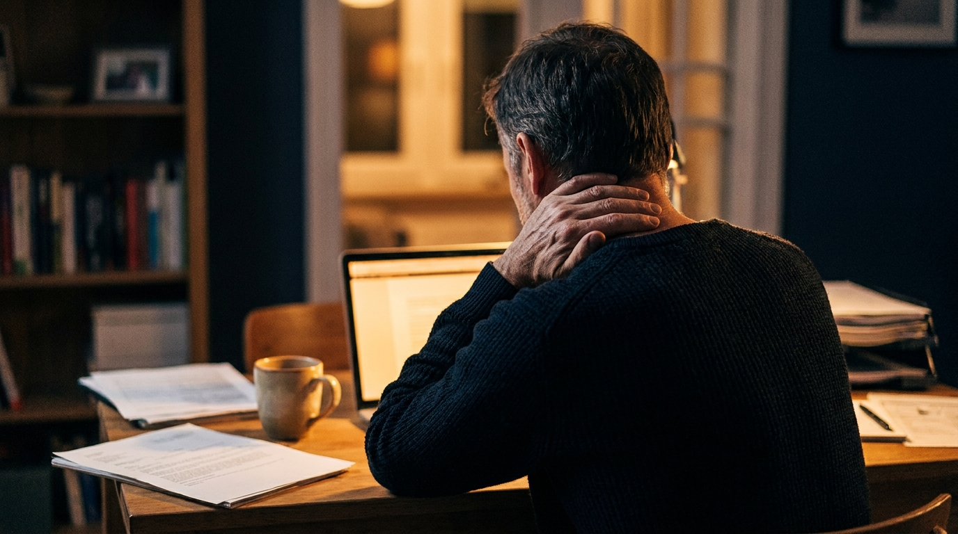 Homme fatigué, vu de dos à son bureau à domicile, se massant la nuque tendue