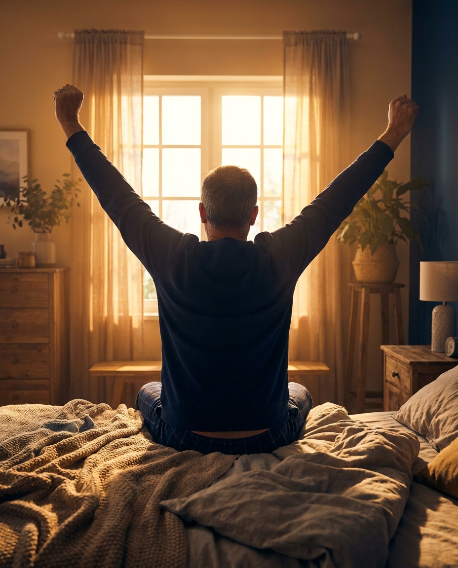 Homme s'étirant plein d'énergie au réveil dans une chambre baignée de lumière dorée, vu de dos