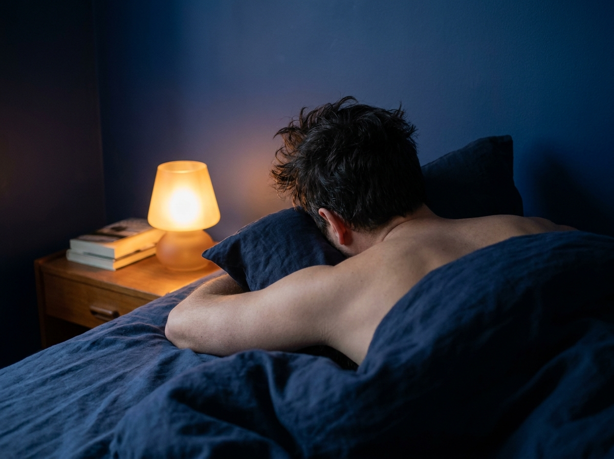 Homme endormi profondément, vu de dos, chambre sombre éclairée par une lampe de chevet ambrée