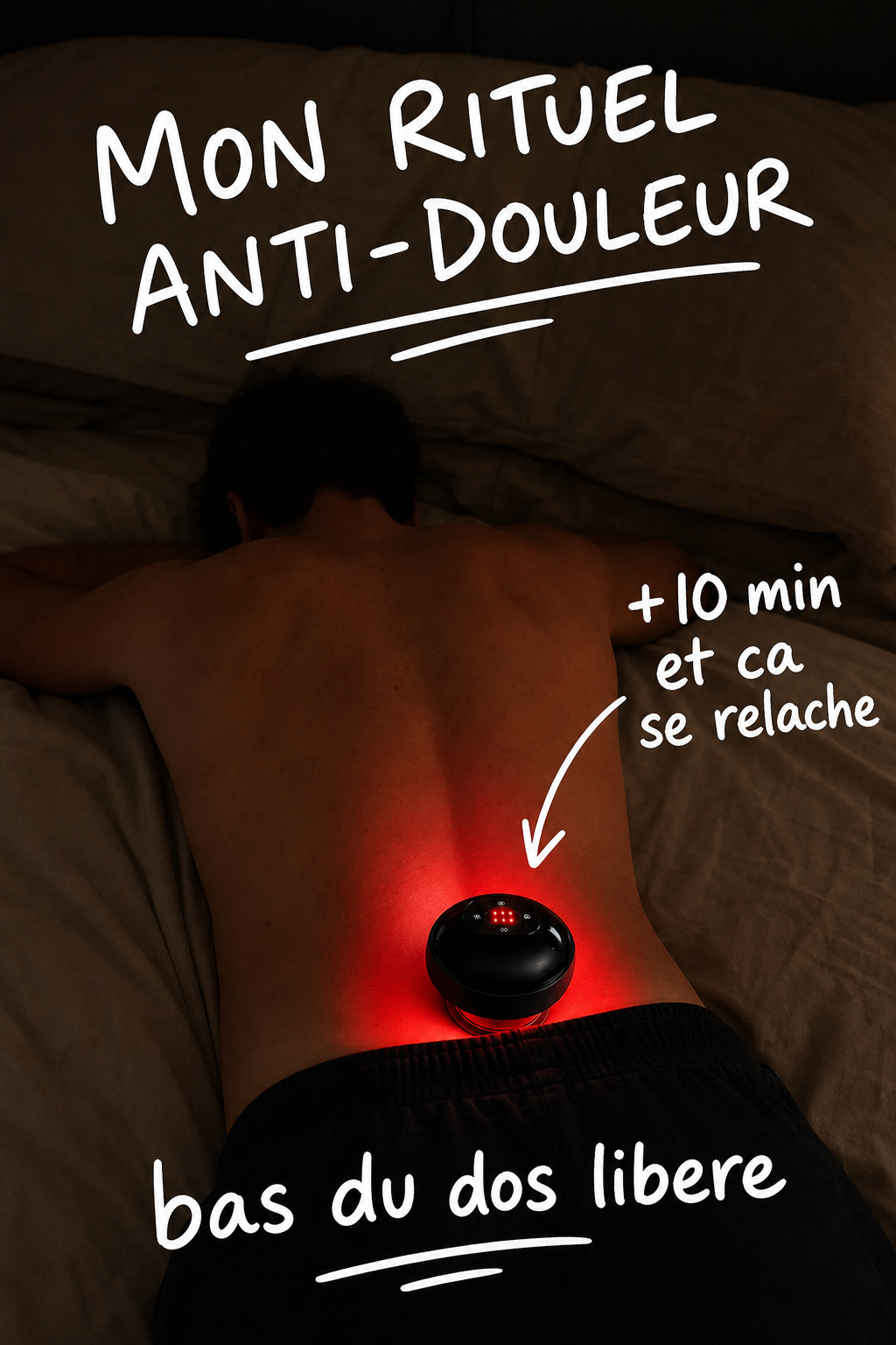 Photo produit de l'appareil de thérapie par ventouses électrique connecté, sur fond bleu nuit avec éclairage ambré