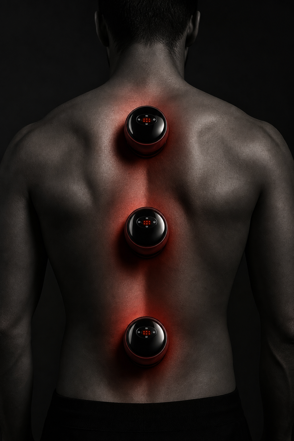 Homme de dos sur son canapé le soir, posant l'appareil de cupping sur sa nuque