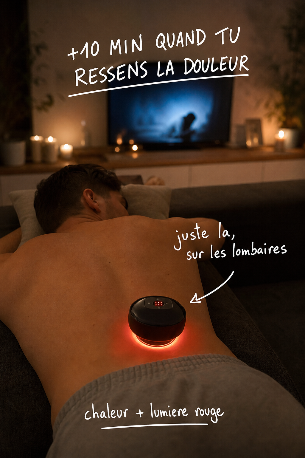 Homme endormi paisiblement, vu de dos, chambre baignée d'un clair de lune doux
