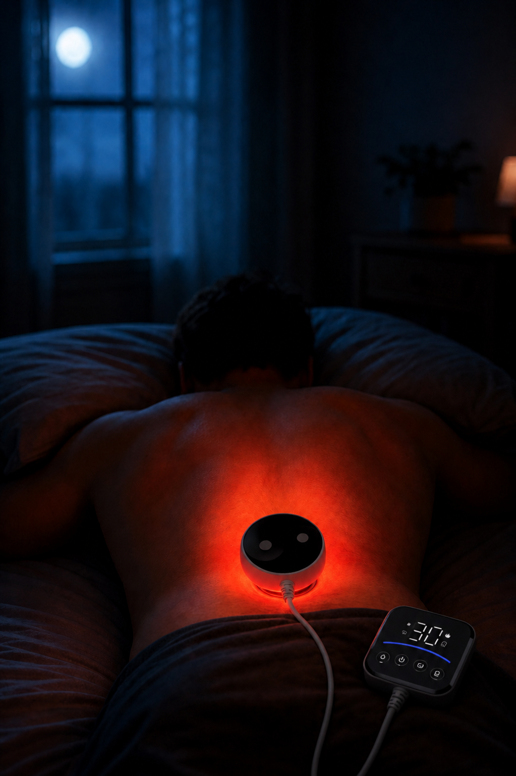 Ventouse connectée posée sur le bas du dos, homme allongé la nuit, clair de lune à la fenêtre