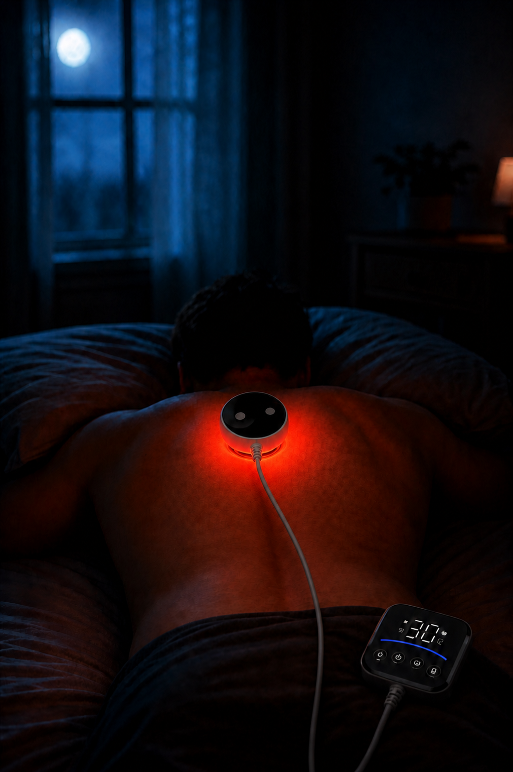 Ventouse connectée posée sur le haut du dos et la nuque, homme allongé la nuit